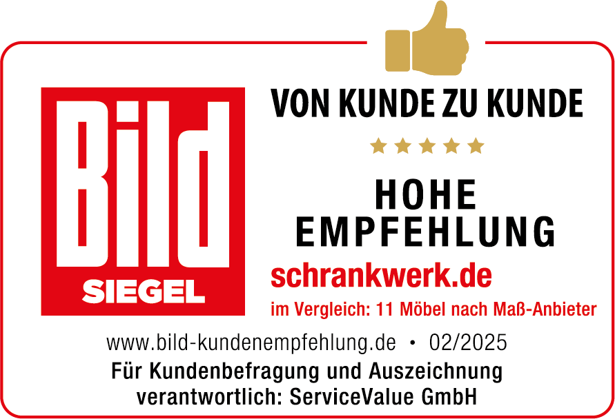 Mehr Infos unter schrankwerk.de/auszeichnungen - Bild Siegel, Von Kunde zu Kunde, 5 Sterne von 5 Sternen, Hohe Empfehlung, schrankwerk.de, im Vergleich: 11 Möbel nach Maß-Anbieter, www.bild-kundenempfehlung.de, 02/2025, Für Kundenbefragung und Auszeichnung verantwortlich: ServiceValue GmbH